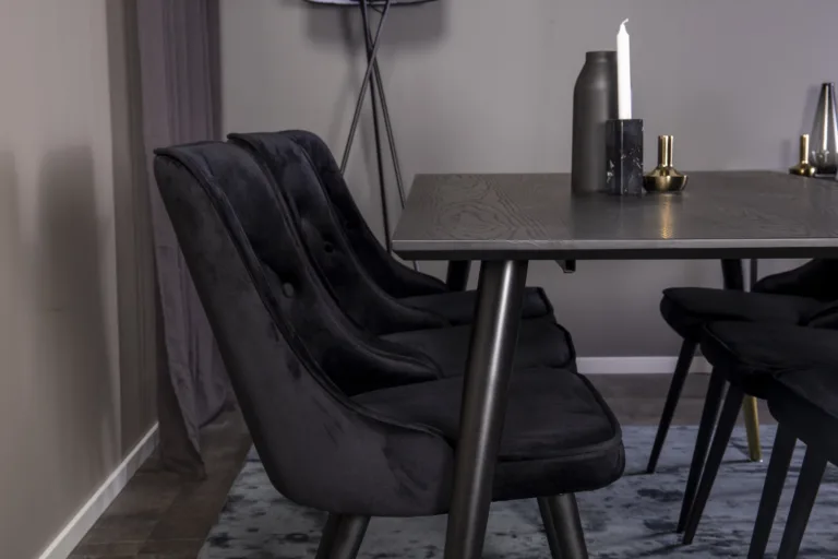 Must ristkülikukujuline söögikomplekt Dipp (laud 180 × 90 cm ja sametist toolid kuldsete detailidega) - GR851