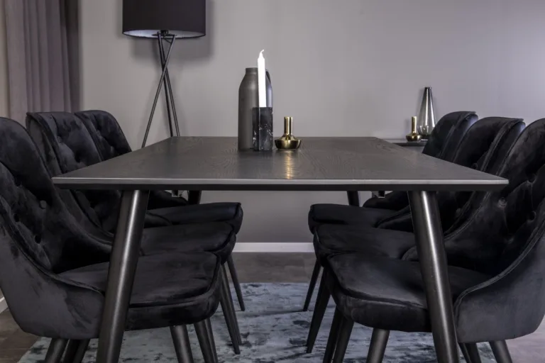 Must ristkülikukujuline söögikomplekt Dipp (laud 180 × 90 cm ja sametist toolid kuldsete detailidega) - GR851