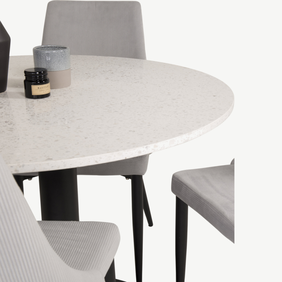 Ümmargune terrazzo söögilauakomplekt Razzia ja helehallid Leone toolid (4 tk), 106 cm, GR854 – 6