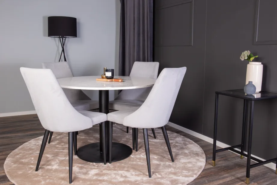 Ümmargune terrazzo söögilauakomplekt Razzia ja helehallid Leone toolid (4 tk), 106 cm, GR854 – 7