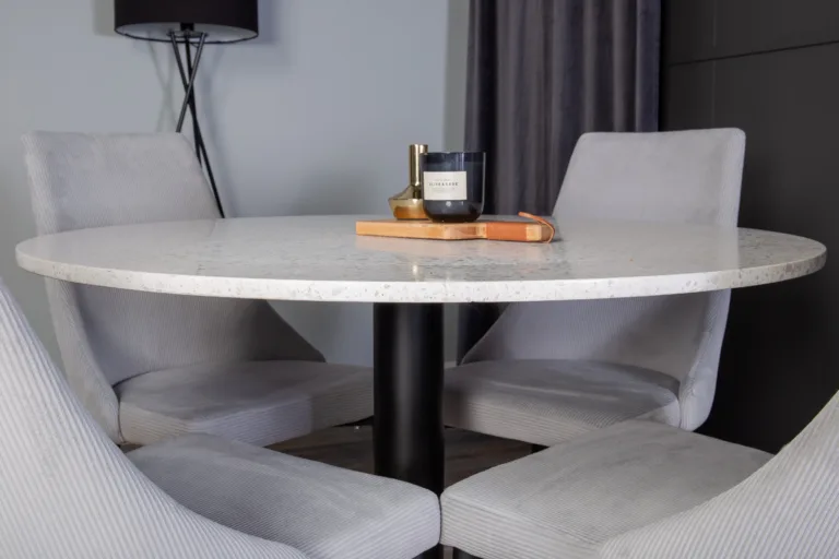 Ümmargune terrazzo söögilauakomplekt Razzia ja helehallid Leone toolid (4 tk), 106 cm - GR854