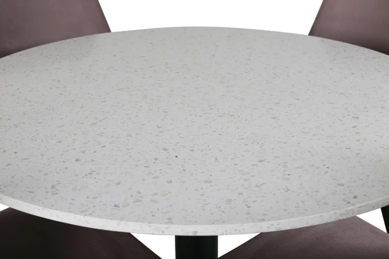 Razzia ümmargune terrazzo söögilaud ja tolmuroosad Leone toolid (valge terrazzo, mustad jalad) - GR856