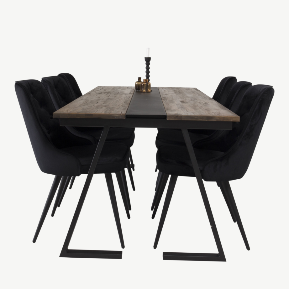 Jakarta tiigipuust söögilauakomplekt musta velvetkattega toolidega (6 tk), mattmust raam, GR881 – 2