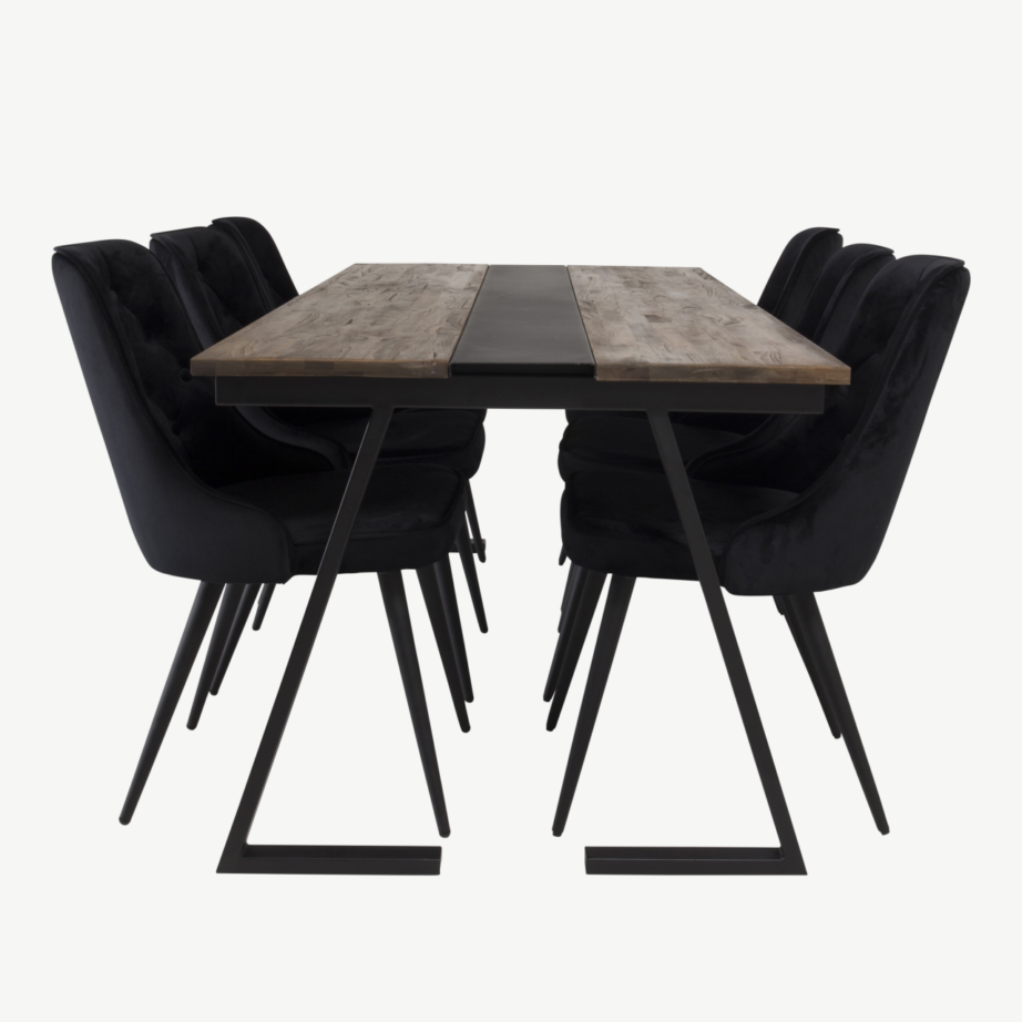 Jakarta tiigipuust söögilauakomplekt musta velvetkattega toolidega (6 tk), mattmust raam, GR881 – 3