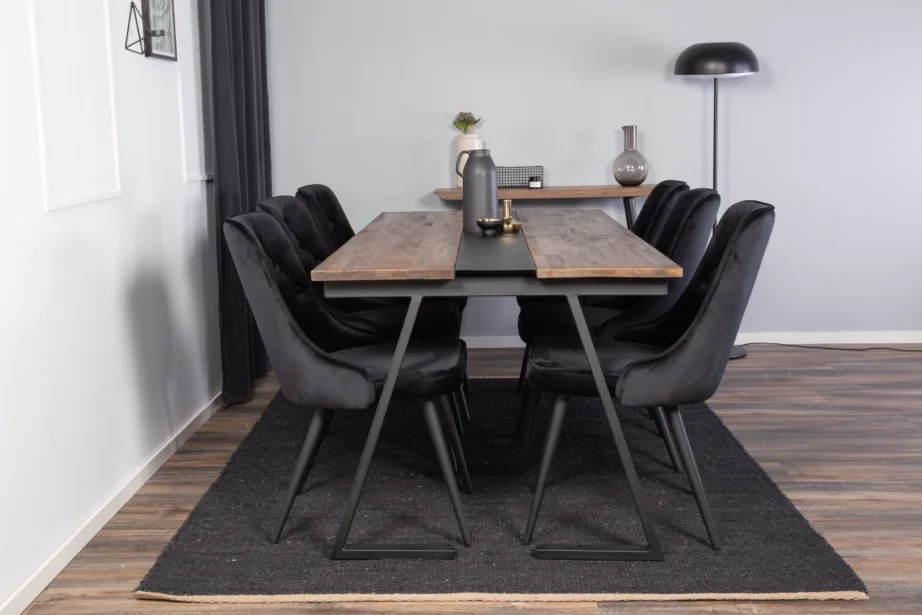 Jakarta tiigipuust söögilauakomplekt musta velvetkattega toolidega (6 tk), mattmust raam, GR881 – 4
