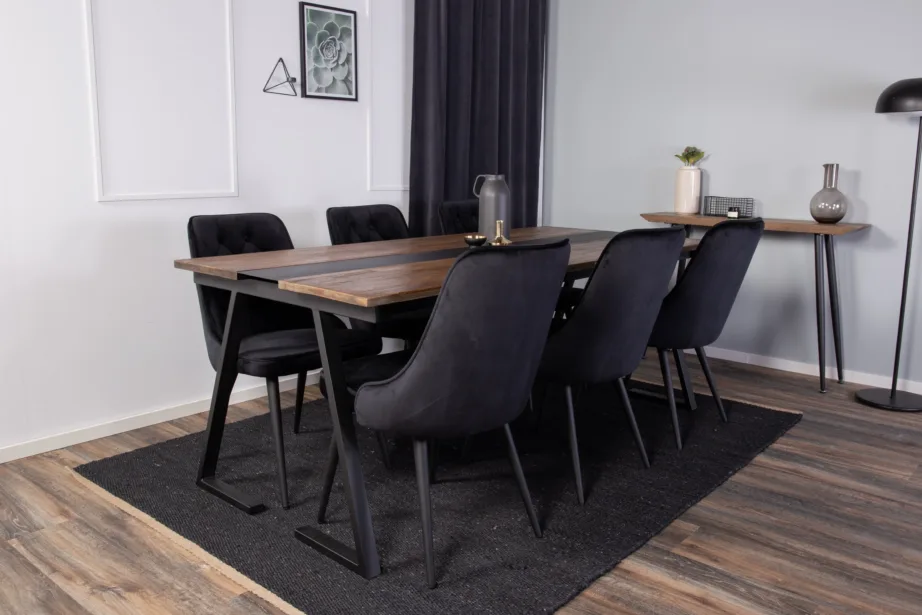 Jakarta tiigipuust söögilauakomplekt musta velvetkattega toolidega (6 tk), mattmust raam, GR881 – 5