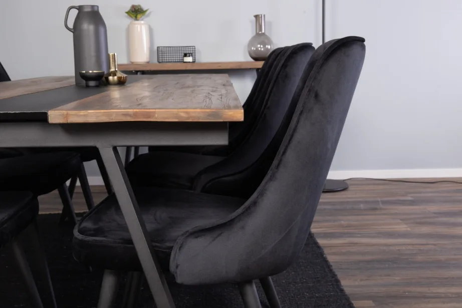 Jakarta tiigipuust söögilauakomplekt musta velvetkattega toolidega (6 tk), mattmust raam, GR881 – 6