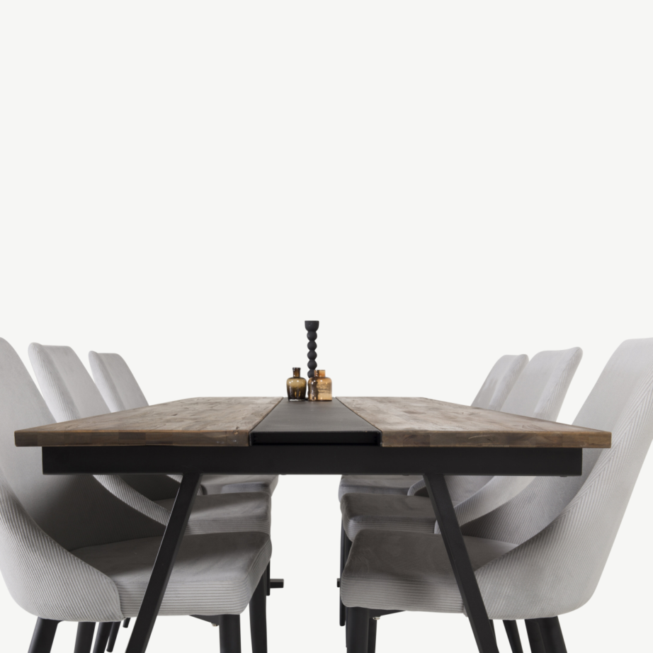 Jakarta tiigipuust söögilaud kuue helehalli bukleetooliga (mustad terasjalad), GR884 – 2