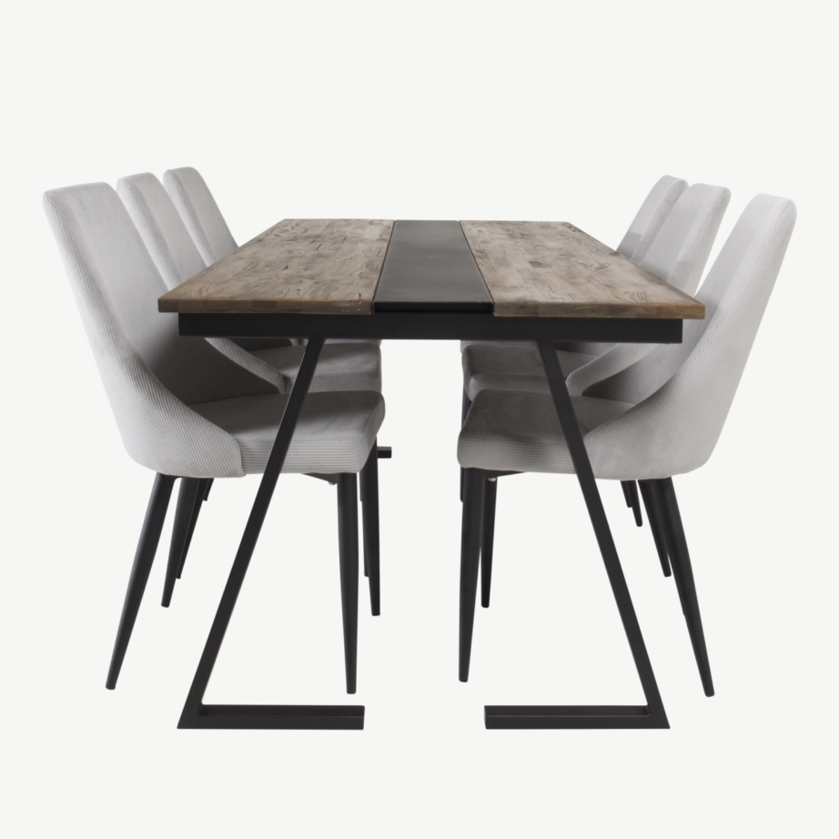 Jakarta tiigipuust söögilaud kuue helehalli bukleetooliga (mustad terasjalad), GR884 – 3