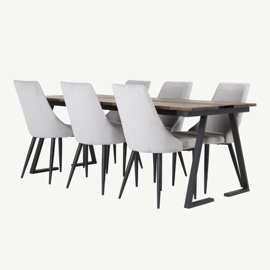 Jakarta tiigipuust söögilaud kuue helehalli bukleetooliga (mustad terasjalad), GR884 – 4