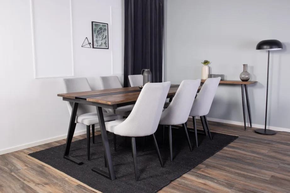 Jakarta tiigipuust söögilaud kuue helehalli bukleetooliga (mustad terasjalad), GR884 – 6