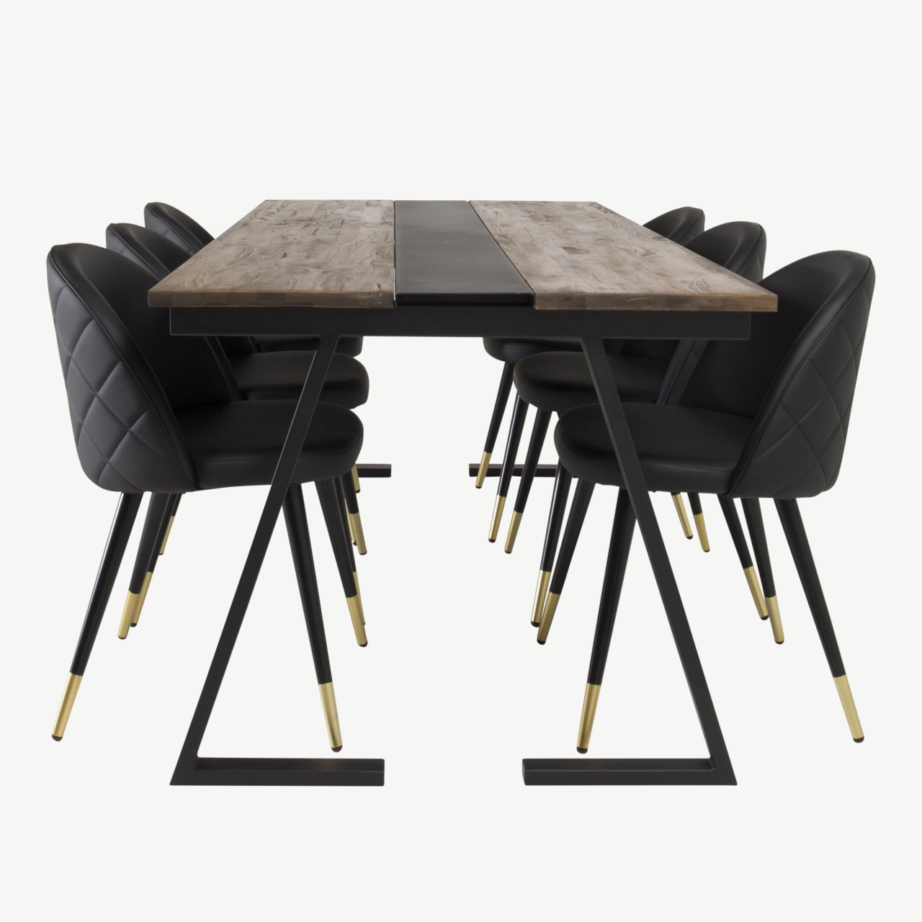Jakarta ristkülikukujuline tiigipuu söögitoakomplekt mustade terasjalgade ja kuue musta kunstnahktooli (kuldsete detailidega), GR885 – 2