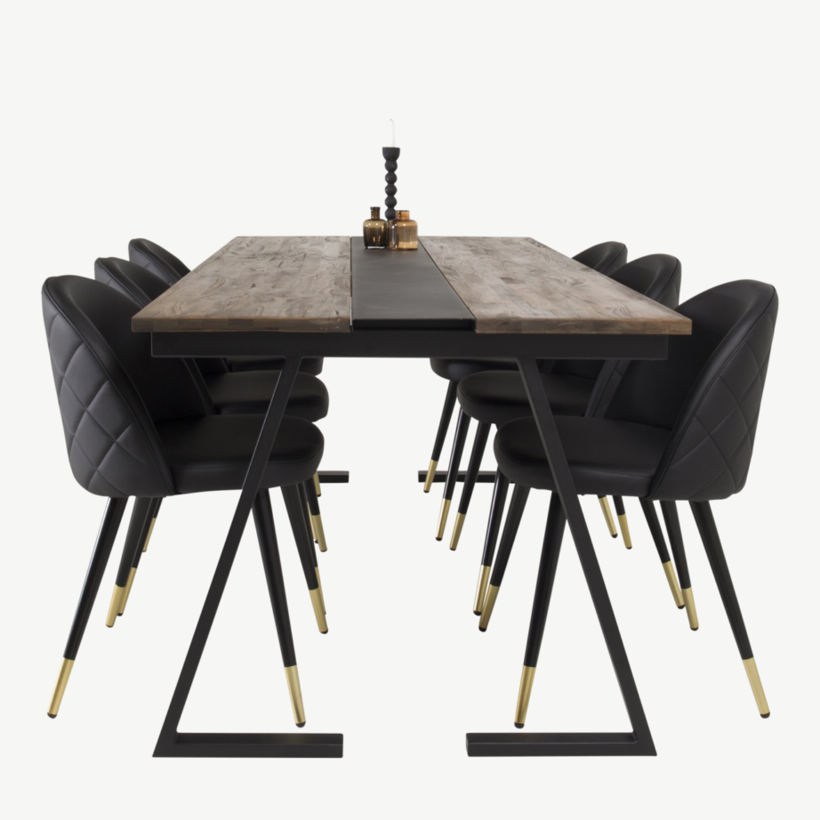 Jakarta ristkülikukujuline tiigipuu söögitoakomplekt mustade terasjalgade ja kuue musta kunstnahktooli (kuldsete detailidega), GR885 – 3
