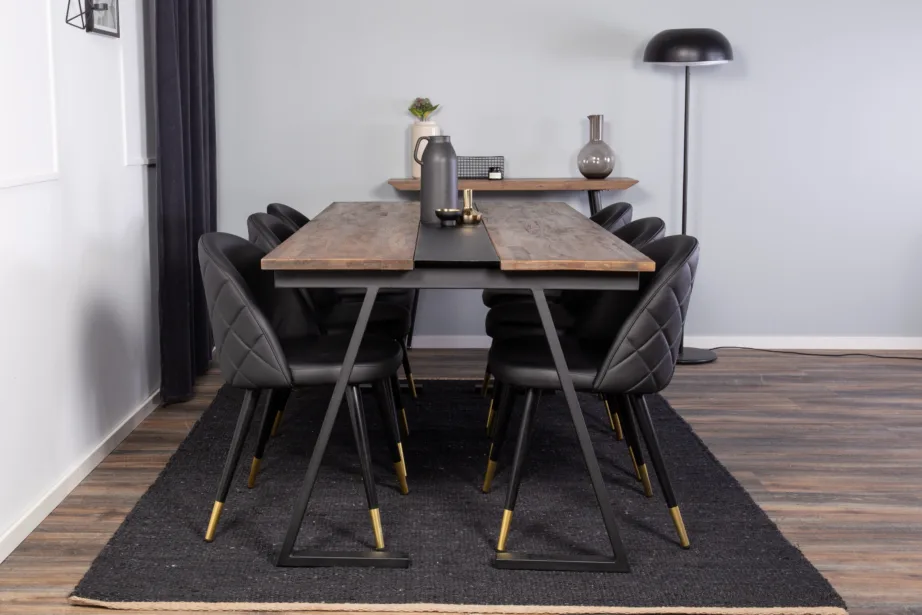 Jakarta ristkülikukujuline tiigipuu söögitoakomplekt mustade terasjalgade ja kuue musta kunstnahktooli (kuldsete detailidega), GR885 – 4