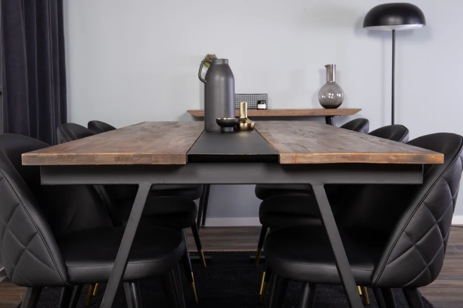 Jakarta ristkülikukujuline tiigipuu söögitoakomplekt mustade terasjalgade ja kuue musta kunstnahktooli (kuldsete detailidega), GR885 – 7