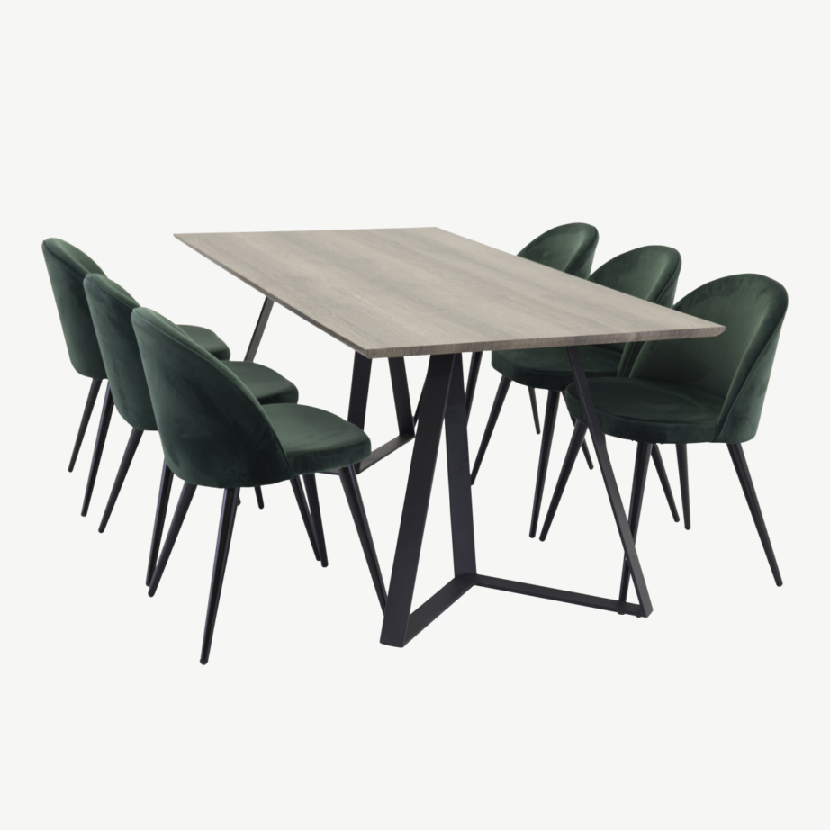 Marina ristkülikukujuline hall söögilauakomplekt samettoolidega (6 rohelise sametkattega tooli) - GR91000-164