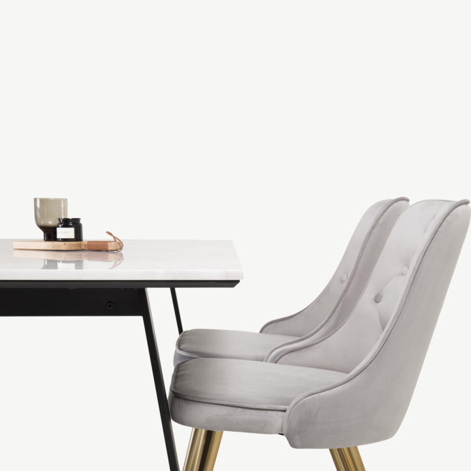 Estelle ristkülikukujuline valge marmorplaadiga söögilaud ja helehallid velvetkattega toolid (mustad ja kuldsed detailid), GR927 – 2