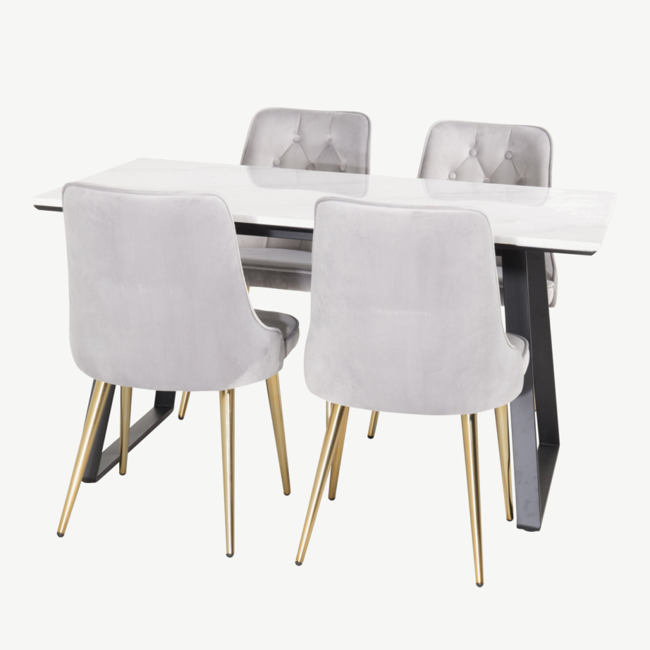 Estelle ristkülikukujuline valge marmorplaadiga söögilaud ja helehallid velvetkattega toolid (mustad ja kuldsed detailid), GR927 – 3