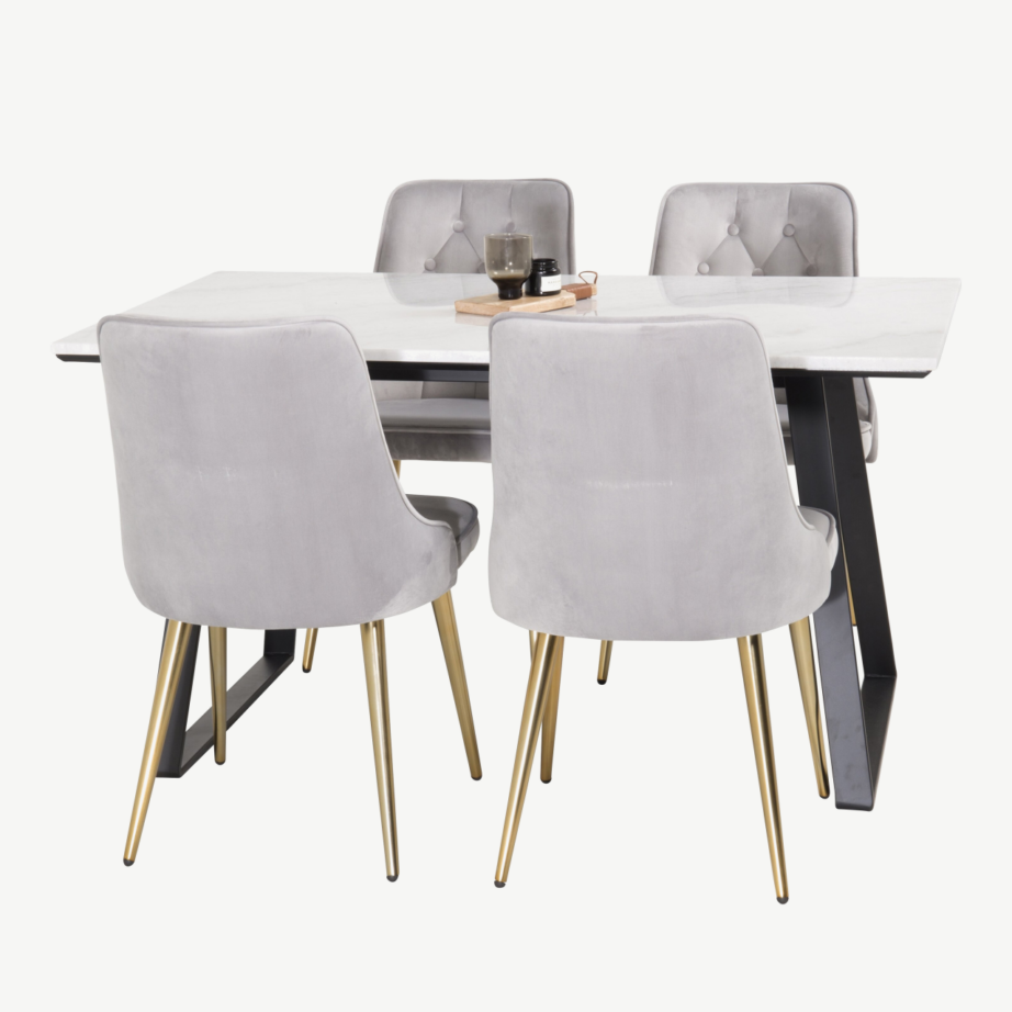 Estelle ristkülikukujuline valge marmorplaadiga söögilaud ja helehallid velvetkattega toolid (mustad ja kuldsed detailid), GR927 – 5