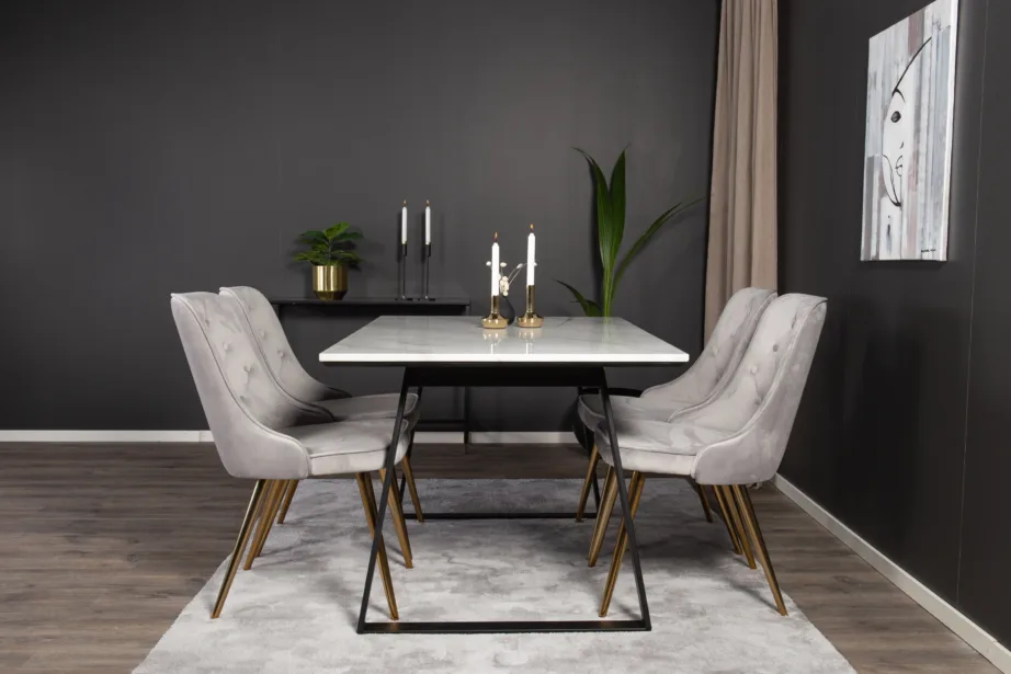 Estelle ristkülikukujuline valge marmorplaadiga söögilaud ja helehallid velvetkattega toolid (mustad ja kuldsed detailid), GR927 – 8