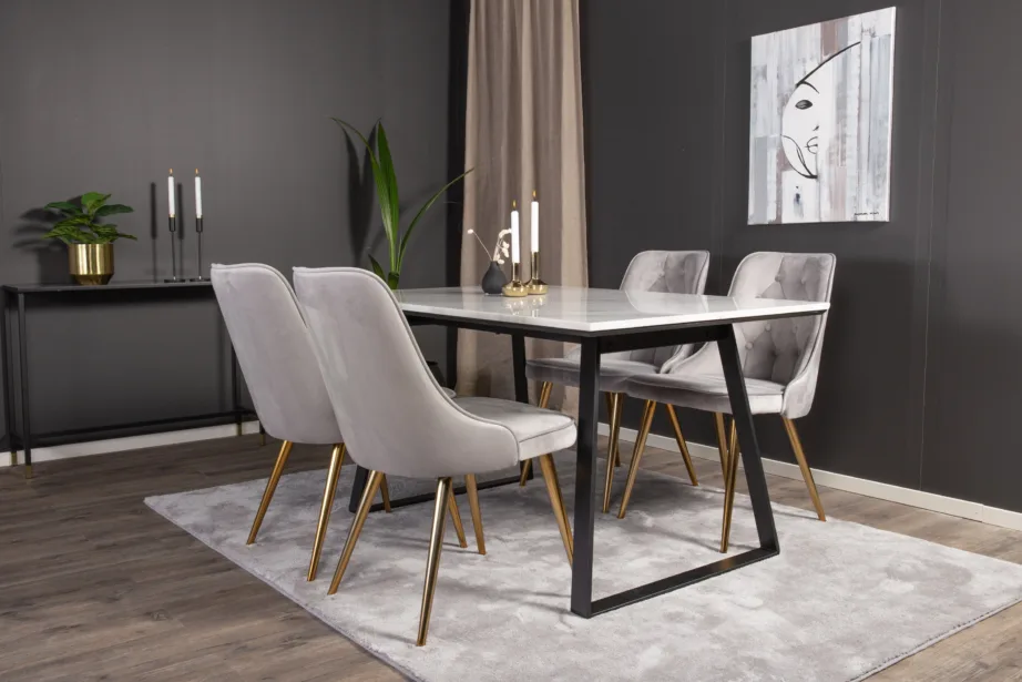 Estelle ristkülikukujuline valge marmorplaadiga söögilaud ja helehallid velvetkattega toolid (mustad ja kuldsed detailid), GR927 – 11