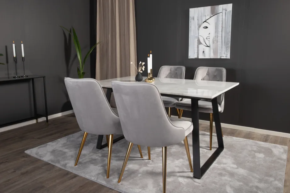 Estelle ristkülikukujuline valge marmorplaadiga söögilaud ja helehallid velvetkattega toolid (mustad ja kuldsed detailid), GR927 – 12