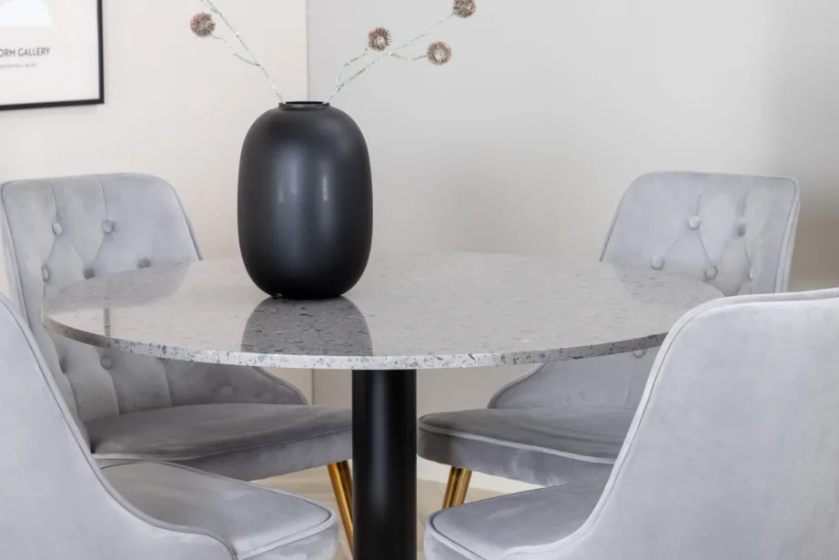 Ümmargune terrazzo söögilaud Razzia ja helehallide velvetkattega toolidega komplekt (modernne disain, kuldsed jalad, 3–4 isikule), GR937 – 9