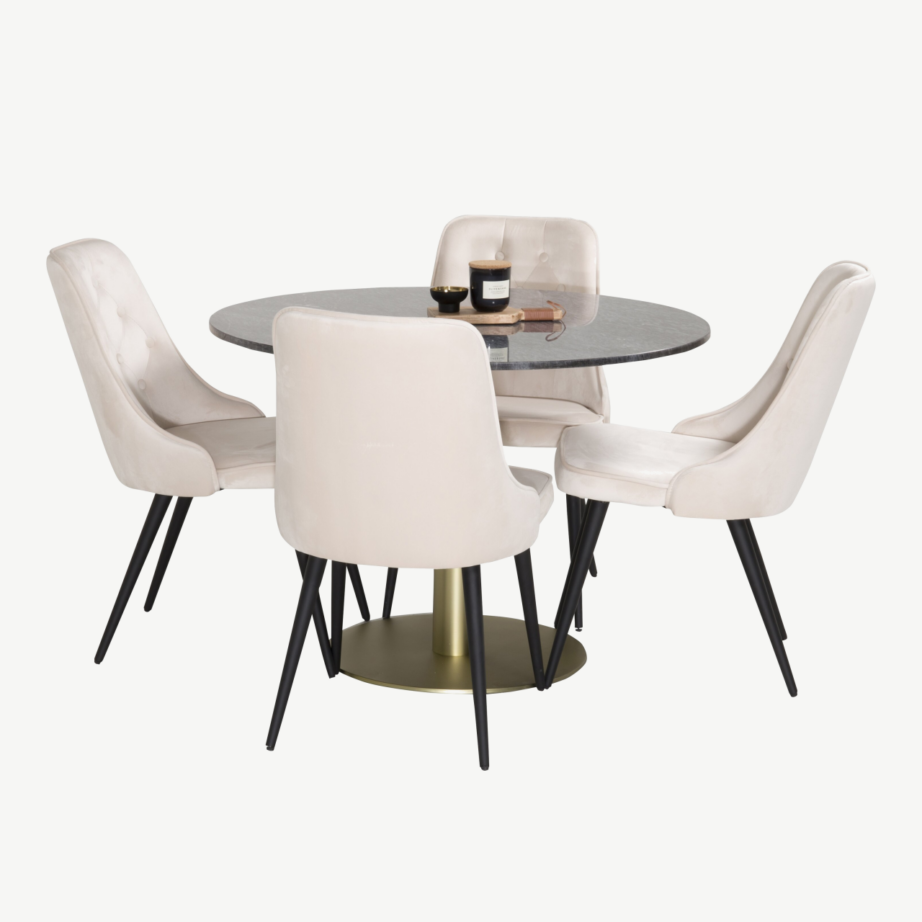 Estelle’i ümmargune söögilaud marmorkatte ja kuldse jalaga, beežide samettoolidega, GR948