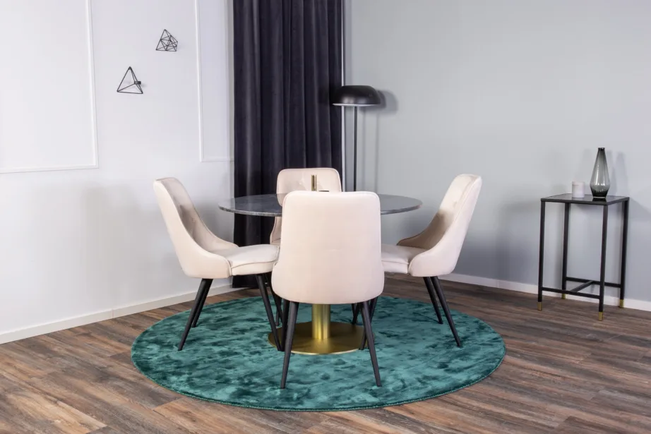 Estelle’i ümmargune söögilaud marmorkatte ja kuldse jalaga, beežide samettoolidega, GR948 – 8