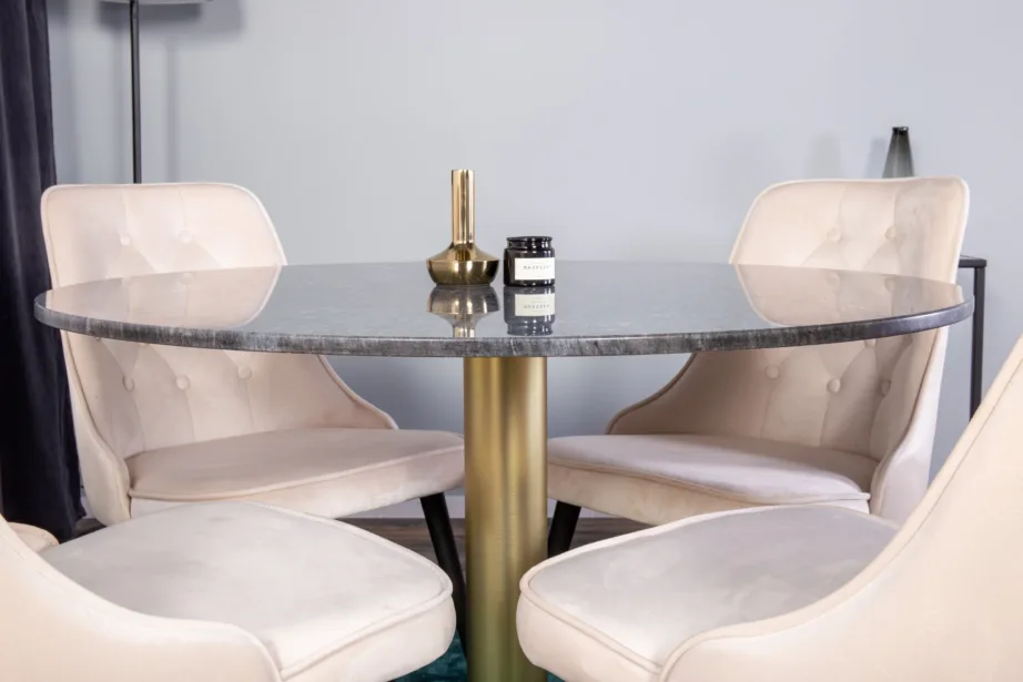 Estelle’i ümmargune söögilaud marmorkatte ja kuldse jalaga, beežide samettoolidega, GR948 – 10
