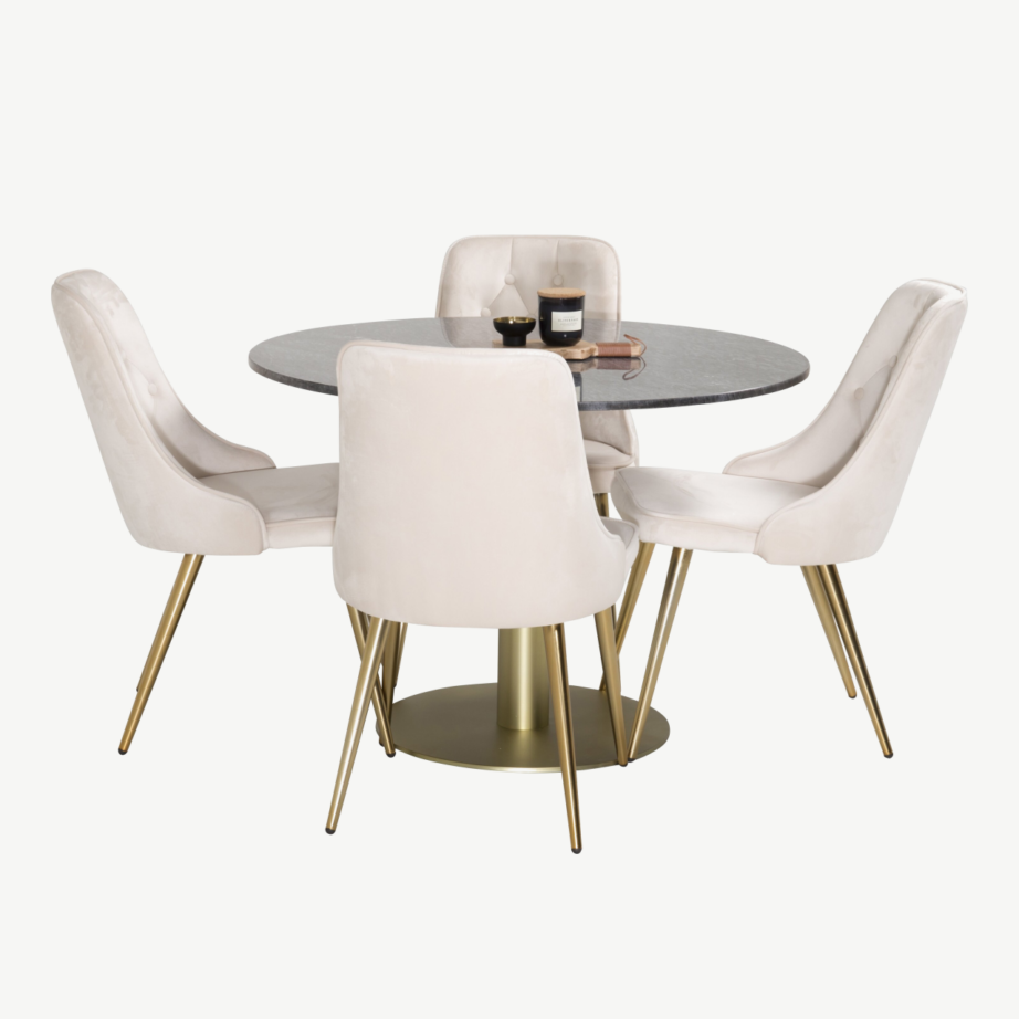 Ümmargune marmorist söögilaud Estelle ja beežid sametist söögitoolid (kuldsete jalgadega, Ø106 cm), GR949