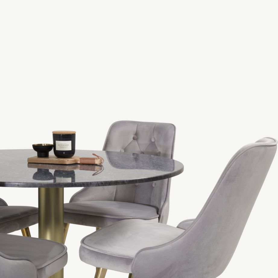 Estelle ümmargune söögikomplekt – tumehall marmorlauaga laud ja helehallid sametist toolid kuldsete jalgadega, GR950 – 2