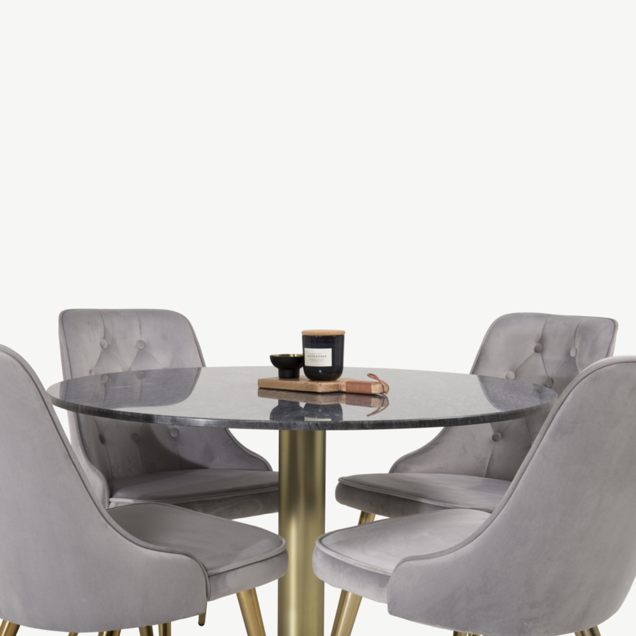 Estelle ümmargune söögikomplekt – tumehall marmorlauaga laud ja helehallid sametist toolid kuldsete jalgadega, GR950 – 3