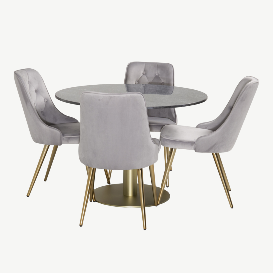 Estelle ümmargune söögikomplekt – tumehall marmorlauaga laud ja helehallid sametist toolid kuldsete jalgadega, GR950 – 4