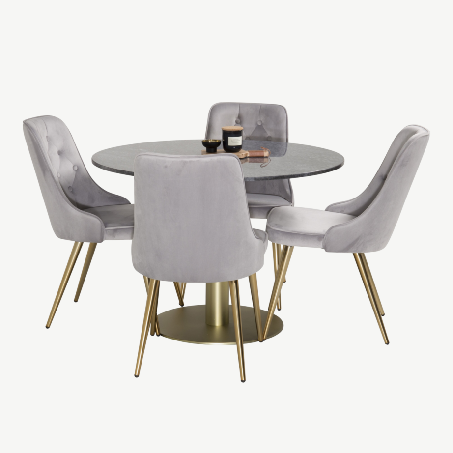 Estelle ümmargune söögikomplekt – tumehall marmorlauaga laud ja helehallid sametist toolid kuldsete jalgadega, GR950 – 5