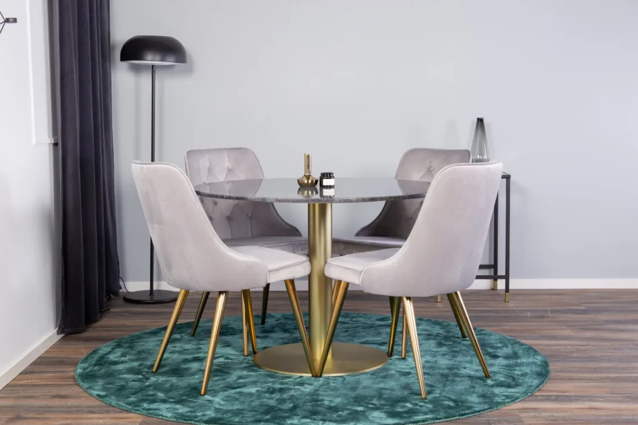 Estelle ümmargune söögikomplekt – tumehall marmorlauaga laud ja helehallid sametist toolid kuldsete jalgadega, GR950 – 7