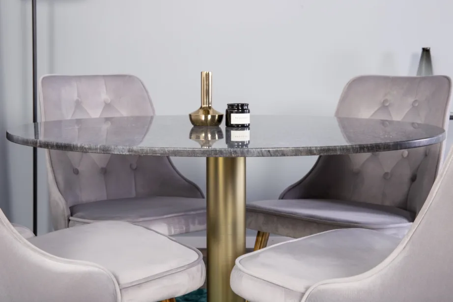 Estelle ümmargune söögikomplekt – tumehall marmorlauaga laud ja helehallid sametist toolid kuldsete jalgadega, GR950 – 10