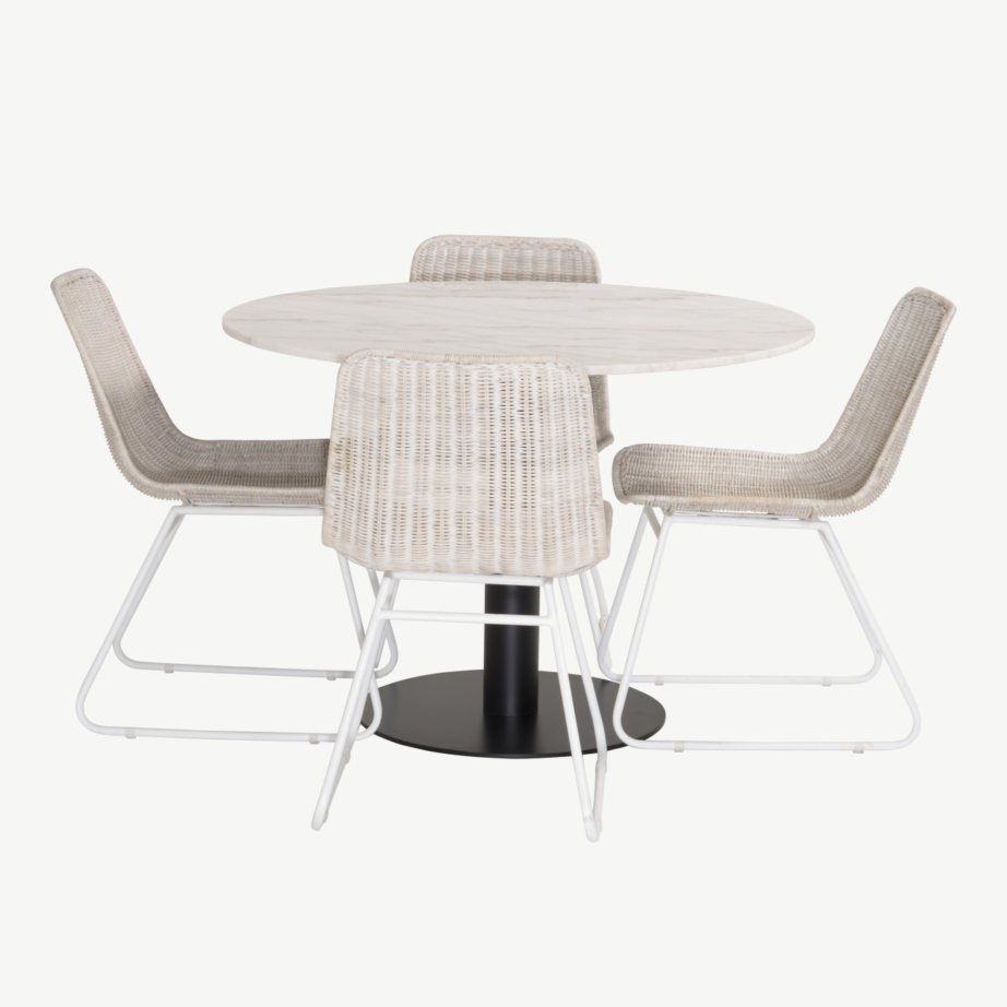 Estelle ümmarguse marmorlauaplaadiga söögilaud ja rotangist toolid, valge (komplekt 4 tooliga), GR951 – 2