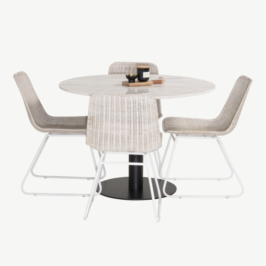 Estelle ümmarguse marmorlauaplaadiga söögilaud ja rotangist toolid, valge (komplekt 4 tooliga), GR951 – 3