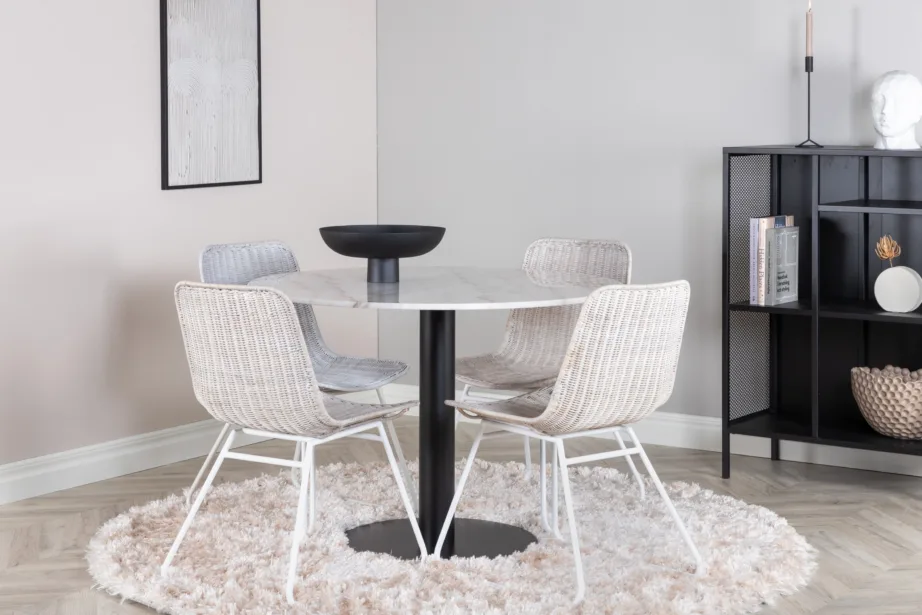 Estelle ümmarguse marmorlauaplaadiga söögilaud ja rotangist toolid, valge (komplekt 4 tooliga), GR951 – 4