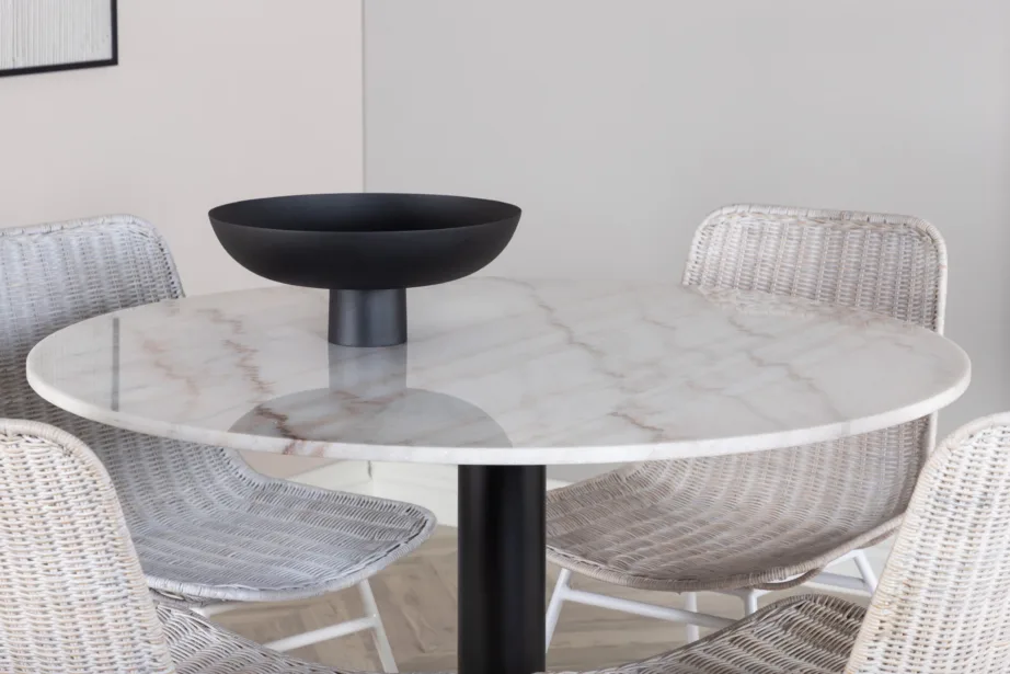 Estelle ümmarguse marmorlauaplaadiga söögilaud ja rotangist toolid, valge (komplekt 4 tooliga), GR951 – 5
