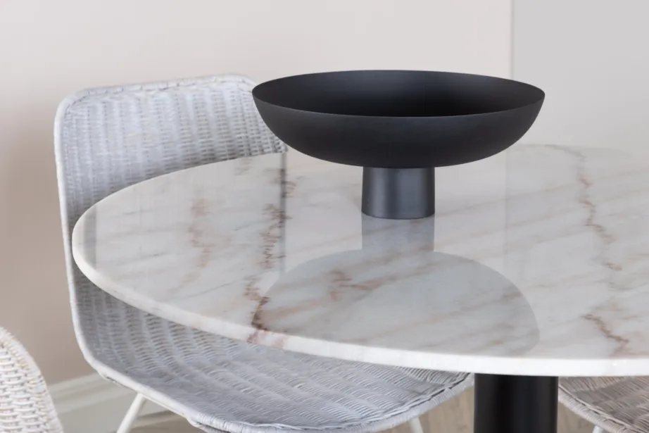 Estelle ümmarguse marmorlauaplaadiga söögilaud ja rotangist toolid, valge (komplekt 4 tooliga), GR951 – 6