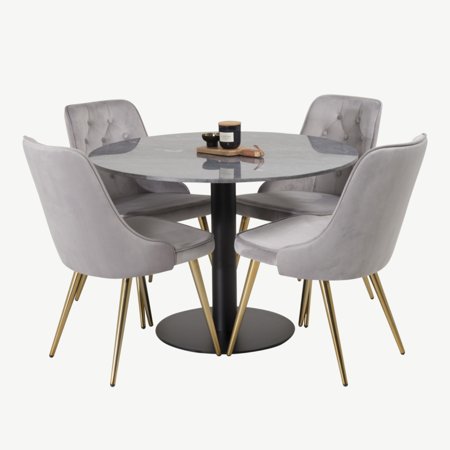 Estelle ümmargune marmorist söögilaud hallide velvetist toolidega, GR954