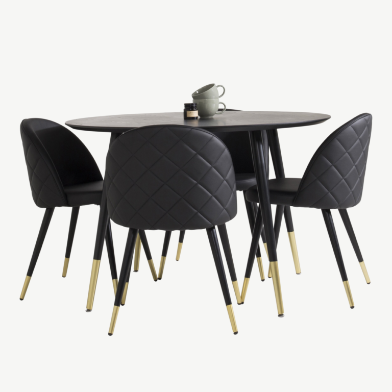 Ümmarguse laua ja mustade kunstnahast toolidega söögikomplekt Dipp, kuldsete detailidega (⌀115 cm) - GR987