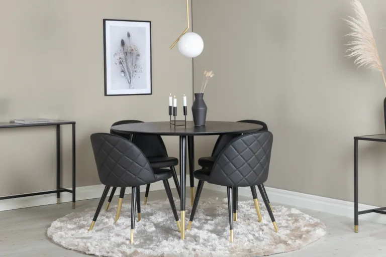 Ümmarguse laua ja mustade kunstnahast toolidega söögikomplekt Dipp, kuldsete detailidega (⌀115 cm) - GR987