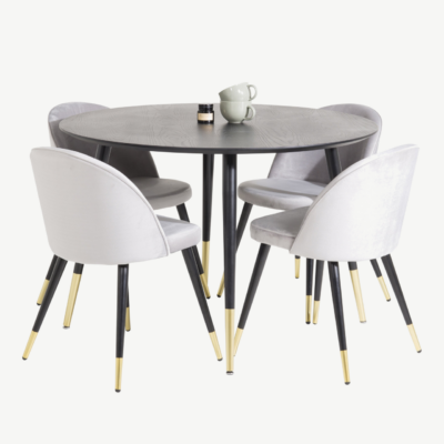 Ümmargune söögilauakomplekt Dipp velvettoolidega (must, hall, kuldsed detailid, Ø115 cm), GR988