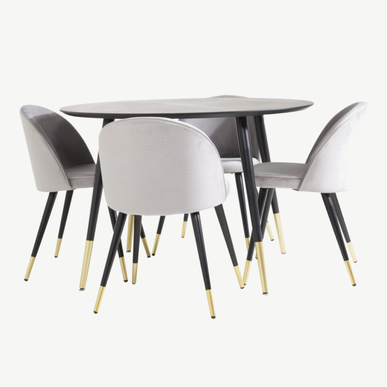 Ümmargune söögilauakomplekt Dipp velvettoolidega (must, hall, kuldsed detailid, Ø115 cm) - GR988