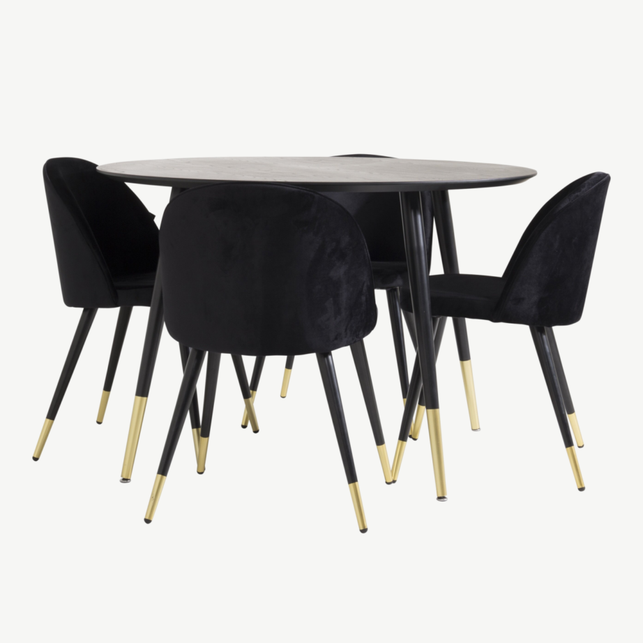 Ümmargune söögilauakomplekt Dipp musta vineeri ja samettoolidega, kuldsed detailid, Ø115 cm, GR989 – 2