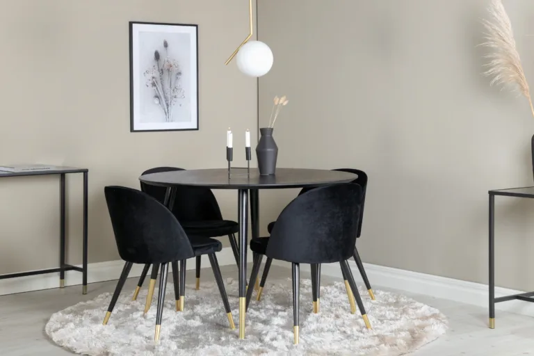 Ümmargune söögilauakomplekt Dipp musta vineeri ja samettoolidega, kuldsed detailid, Ø115 cm - GR989