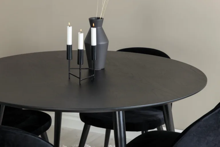 Ümmargune söögilauakomplekt Dipp musta vineeri ja samettoolidega, kuldsed detailid, Ø115 cm - GR989